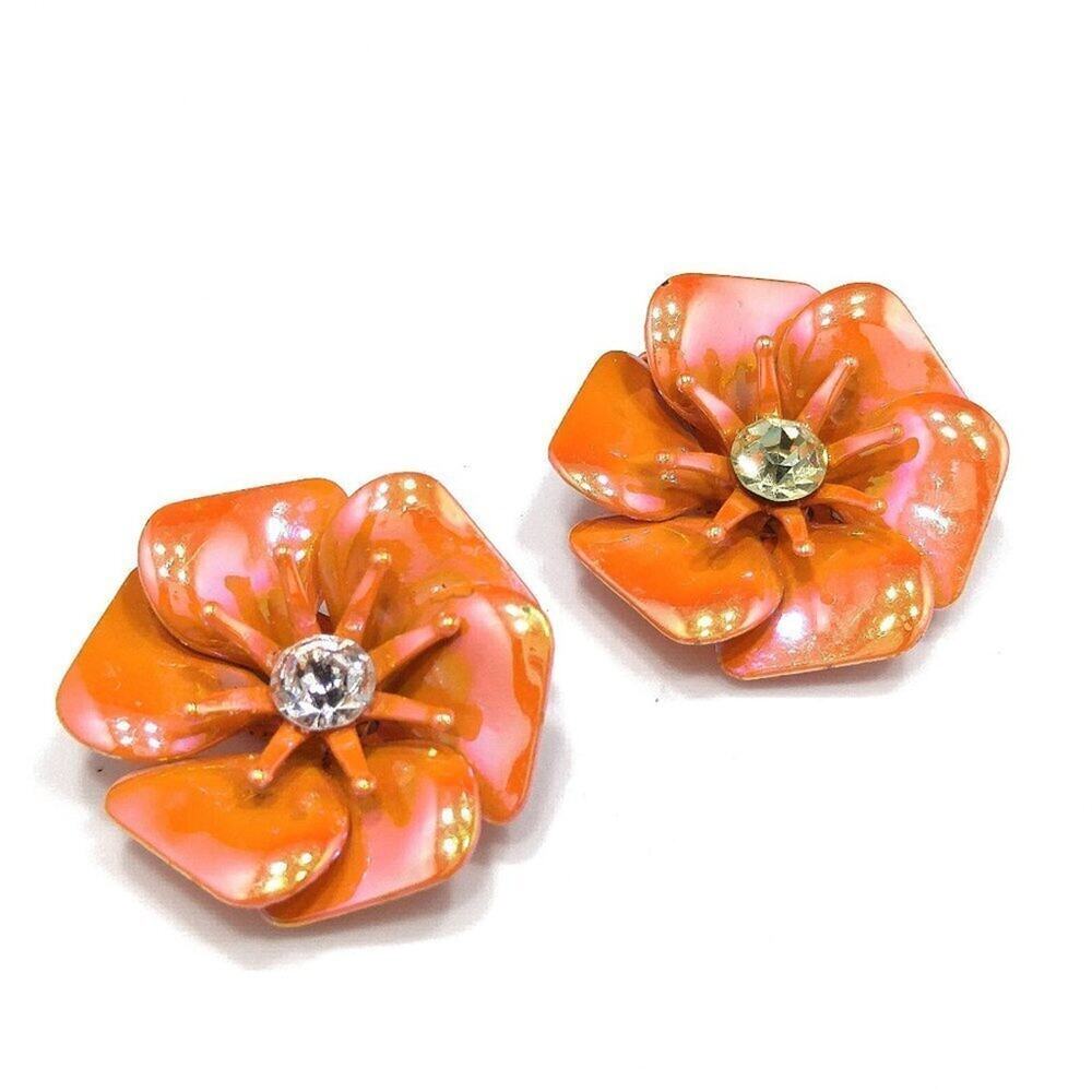 Orange Enamel Metal Flower Clip Earrings, Iridescent Finish, 1960s